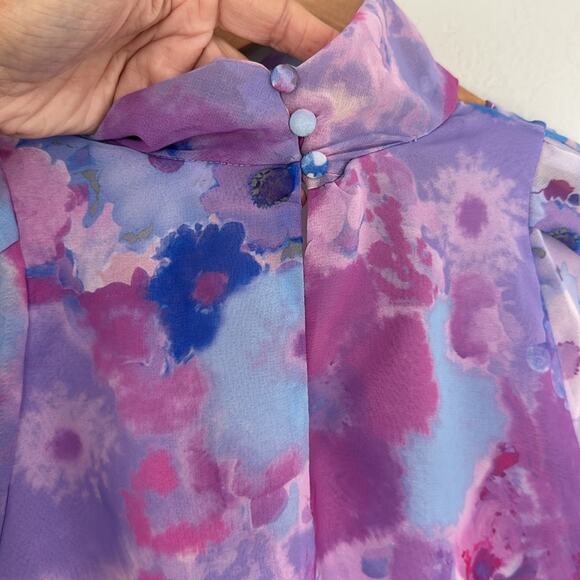 Zara Choker Chiffon Blue Pink Long Sleeve Top Ruched 70s Party Blogger Summer - Picture 5 of 8